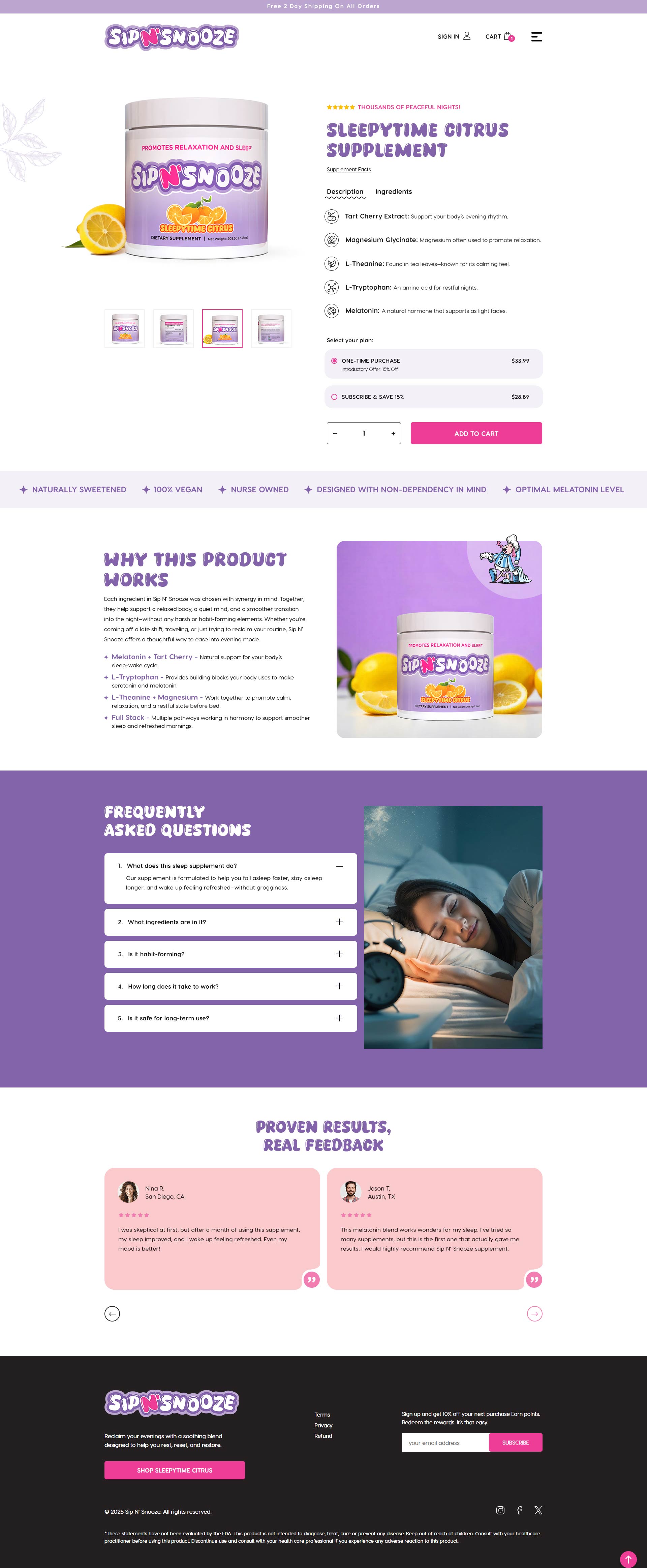 E-commerce website design for a sleep supplement brand, highlighting product benefits, ingredients, and clear purchasing options.
