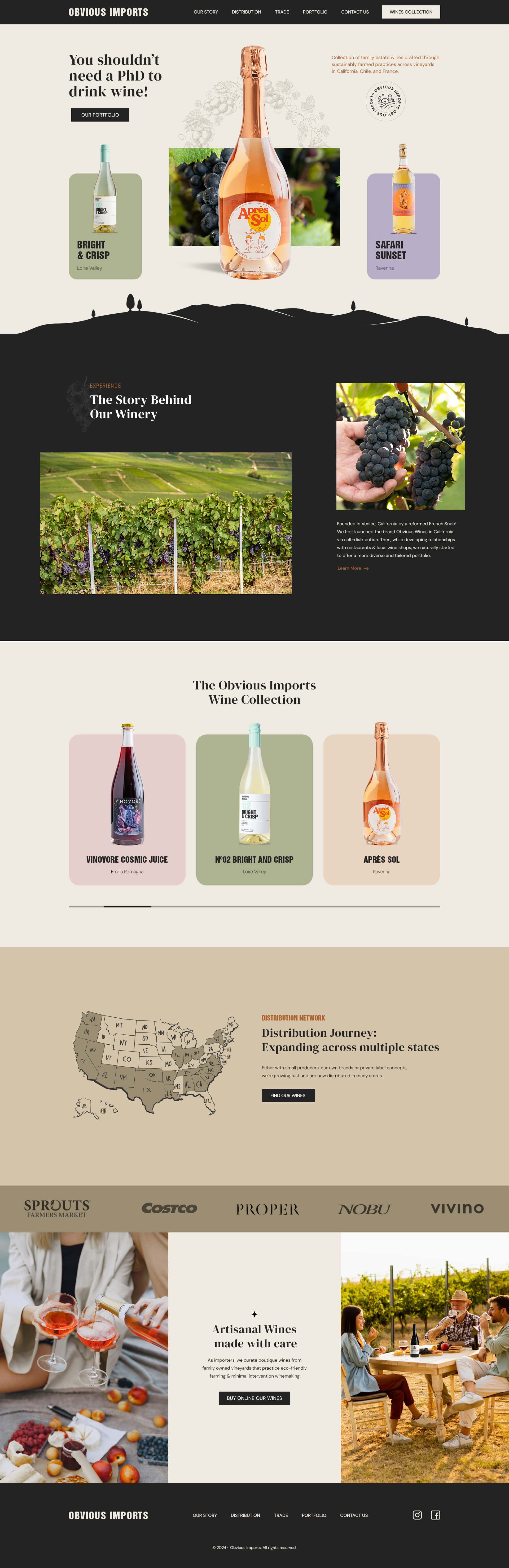 Modern website design for a wine company, featuring a user-friendly layout, curated wine product displays, and elegant brand visuals.